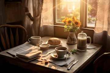 Fototapeta premium Morning coffee and newspaper on a cozy breakfast table.
