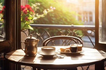 Obraz na płótnie Canvas Morning coffee and newspaper on a cozy breakfast table.