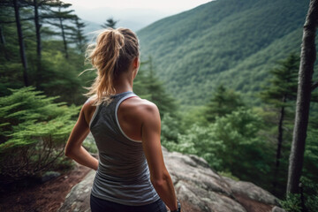 Athletic woman on a mountain looking out at the view. Generative AI.