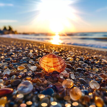 sunset on sea beach sun light ray reflection on sea water and wild amber gemstone and seashell on sand,blurred light,generated ai