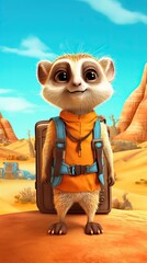 Cartoon character with a backpack standing in the desert