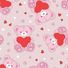 Obraz na płótnie Canvas Cute vintage soft teddy bear toy vector seamless pattern. Romantic Valentines Day background.