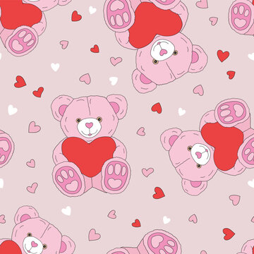  Cute vintage soft teddy bear toy vector seamless pattern. Romantic Valentines Day background. © AngellozOlga