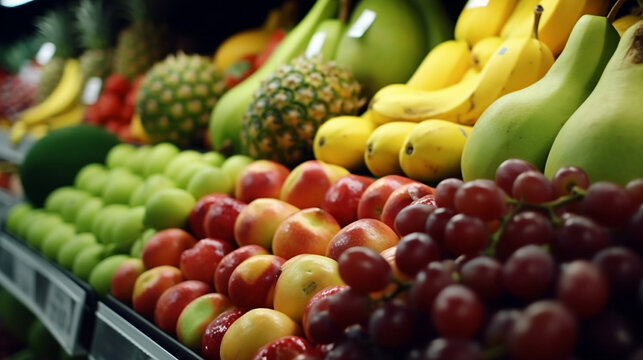 Fresh fruits in a supermarket - pinappeles, grape, aplles, peaches