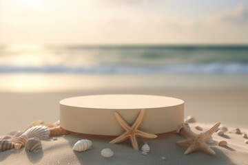 Fototapeta na wymiar Empty round beige platform podium on the beach sand.