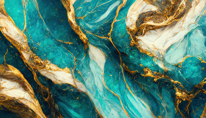 Abstract marble textured background. Fluid art modern wallpaper. Marbe gold and turquoise surface. AI  © OleksGraphics