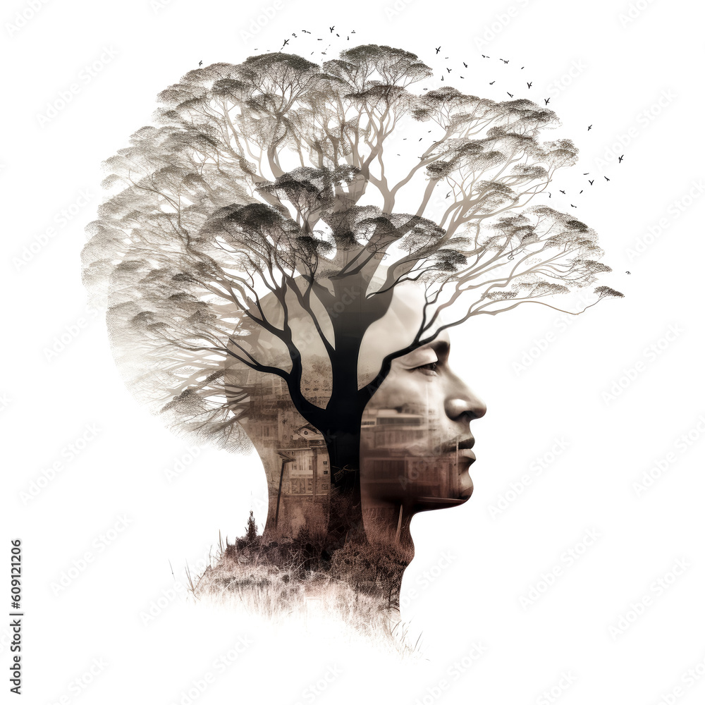 Aufkleber a vivid image of a man intertwined with a tree, with both elements seamlessly blended together - gen