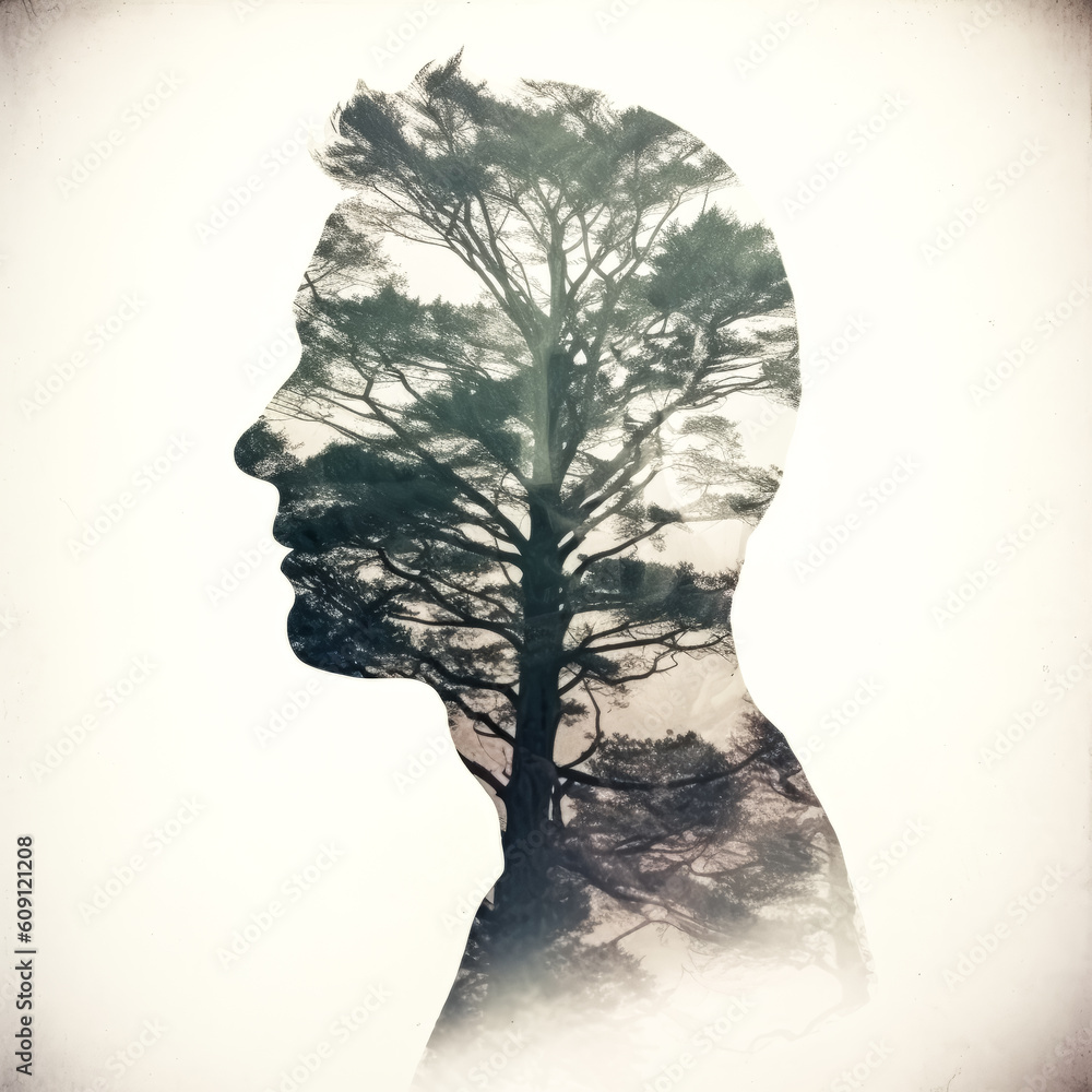 Aufkleber an anonymous man stands in the foreground of a landscape with a tree in the background, their bodies