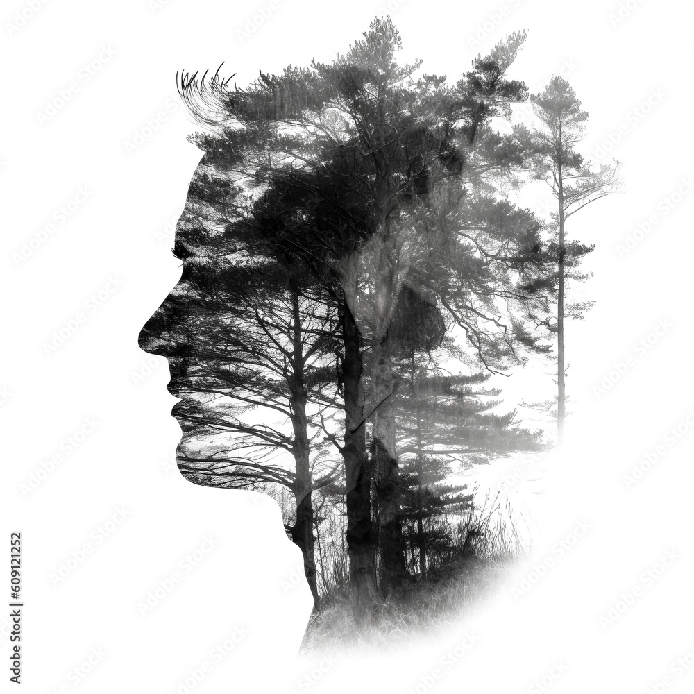 Poster a man stands in front of a tree, with the contrast of the two merging into one in a double exposure 