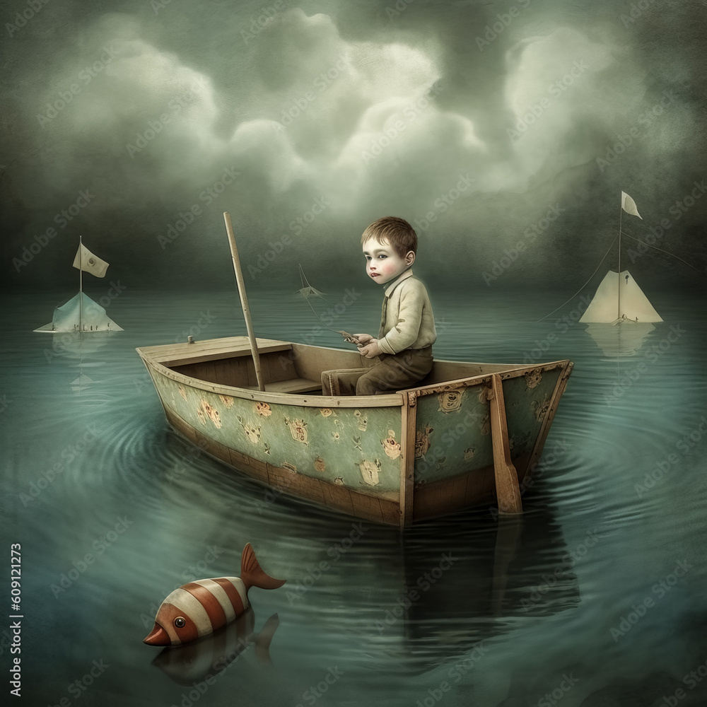 Poster a little man rows a boat against a sunset backdrop - generative ai.