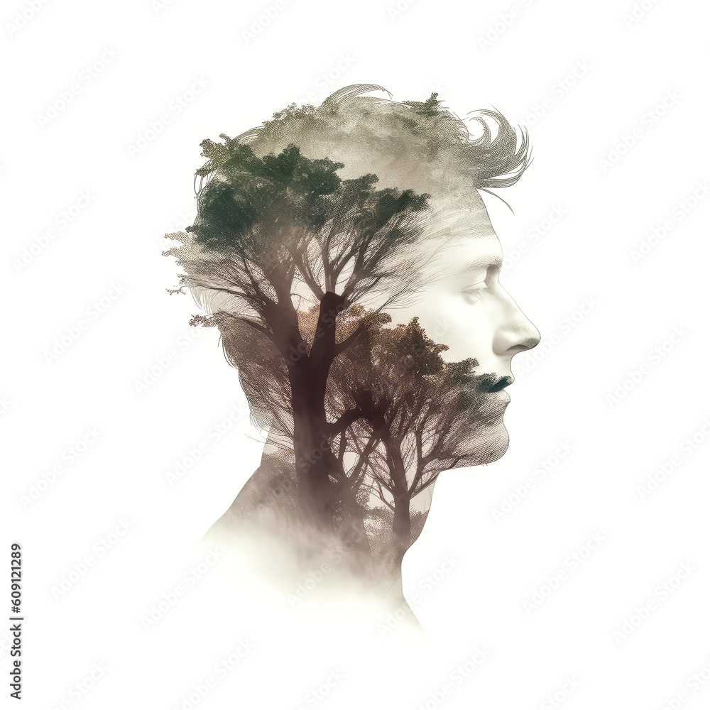 Poster a man stands in a vivid landscape, the sun setting behind him and a tree in the foreground - generat