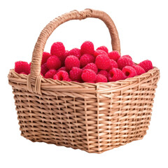 Fototapeta na wymiar Illustration of wicker basket full of fresh ripe raspberry berries isolated on transparent background. Organic healthy food. PNG clip art element. Generated with AI.