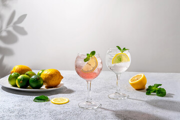 Gin tonic classic alcoholic cocktail drink with dry gin. Alcohol drink with lemon. Gin tonic cocktail with lemon. - obrazy, fototapety, plakaty