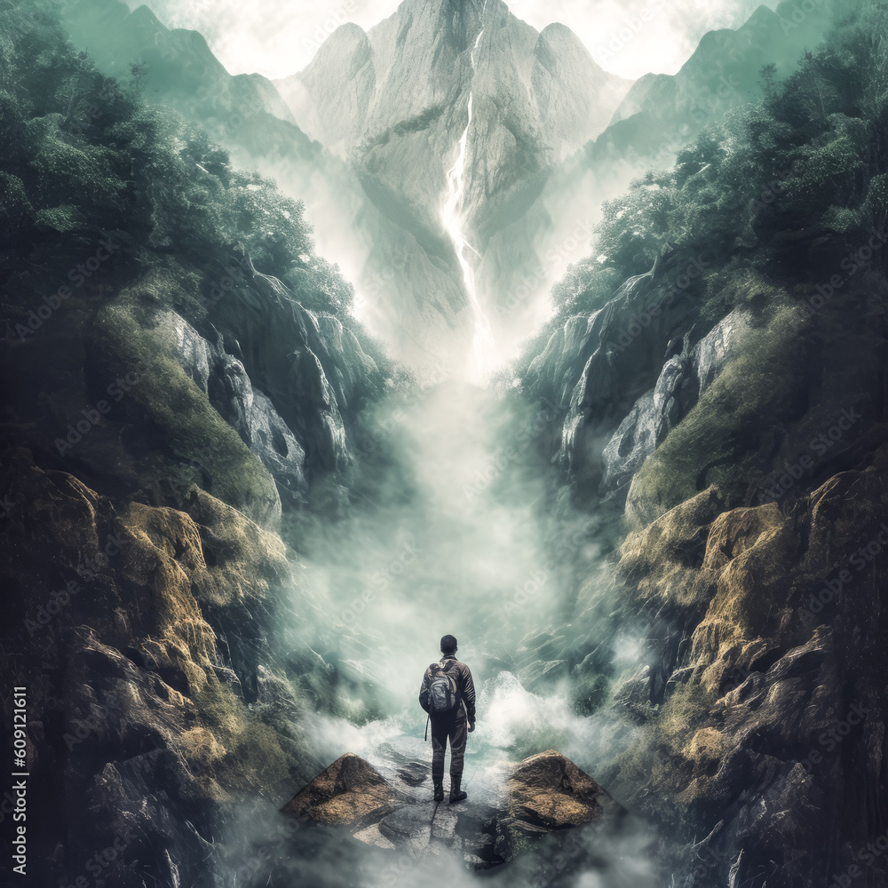Poster a hiker enjoys a scenic trek through a mountain range - generative ai