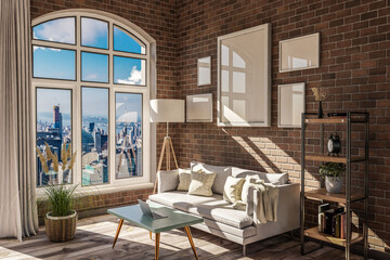 luxurious loft apartment with arched window and panoramic view over urban downtown; noble interior living room design mock up; 3D Illustration