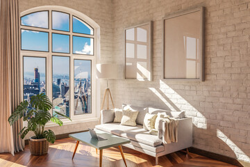 luxurious loft apartment with arched window and panoramic view over urban downtown; noble interior living room design mock up; 3D Illustration