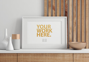White Horizontal Poster Art Frame Mockup with passepartout near wooden wall