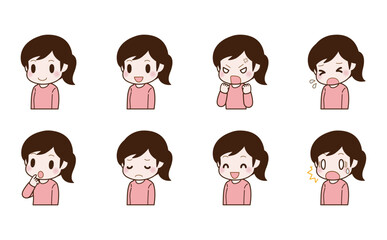 かわいい女性の表情イラスト セット 通常 喜び 怒り