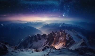 Fototapeta na wymiar a night sky with stars above a mountain range with snow on the ground. generative ai