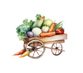 Watercolor vegetable harvest illustration. Wheelbarrow with vegetables. Generative AI, png image. 