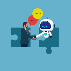 Cooperation. Businessman and robot handshake on jigsaw puzzle. Building relationships leads to success. Flat vector illustration.