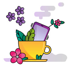 Yellow cup with phone, leaves and flowers. 