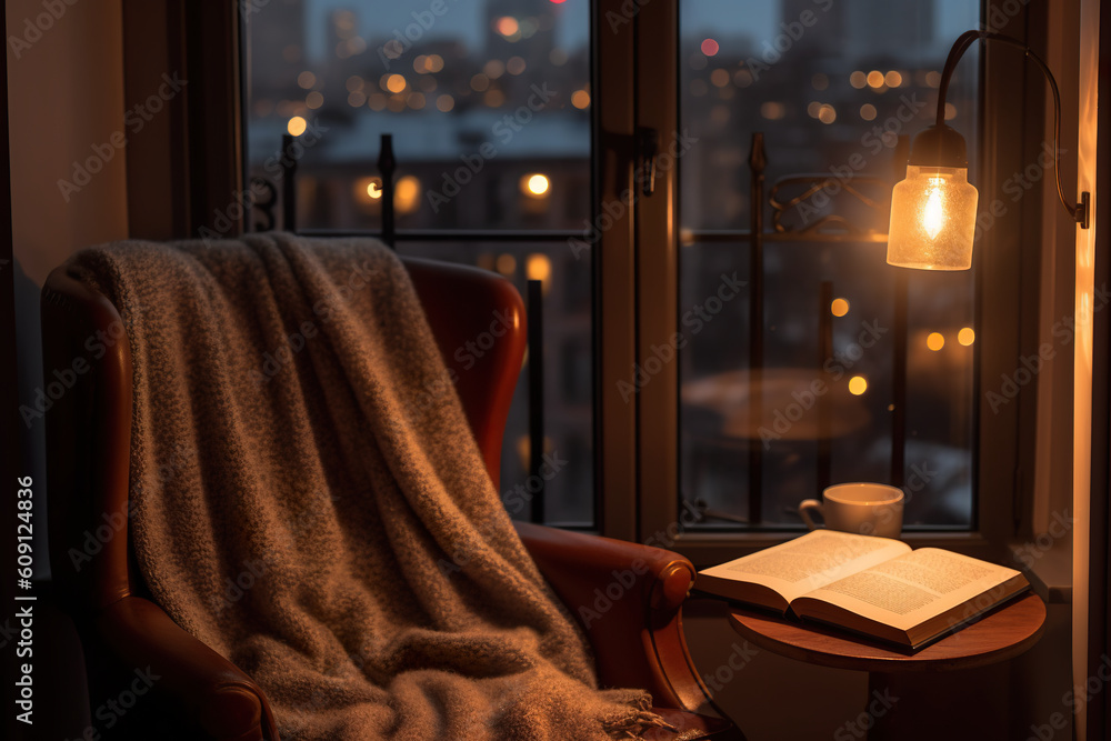 Aufkleber an open book sitting on a chair in front of a window. generative ai. lamp illuminating reading nook 