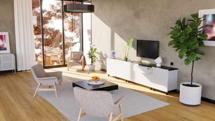 Internal view of an open space with big windows, large size, modern and contemporary style. Luxury houses. Living room. Architecture and projects. 3d rendering