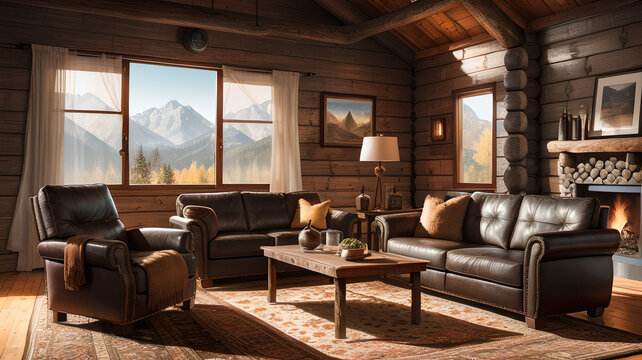 Rustic wooden cabin living room with fireplace