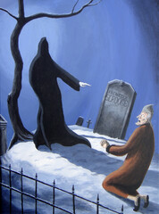 The Ghost of Christmas Future shows Scrooge his fate in the graveyard.  