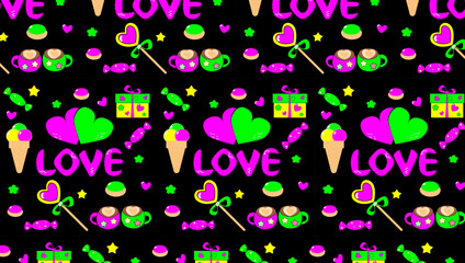 Seamless vector pattern. Bright hearts, coffee, ice cream, candies on a black background, text love, festive romantic. EPS10 vector.