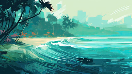 Plakat creative illustration of a tropical beach with sea. Generative AI