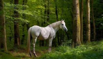white horse with a beautiful mane in the forest, sunny day, a lot of greenery and trees, AI Generated