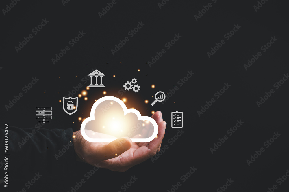 Poster cloud computing technology in action, a man access the server network holding cloud on hand on black