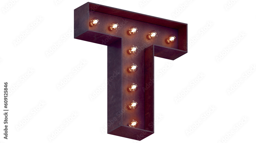 Fototapete light bulb glowing letter alphabet character t font. perspective view illuminated capital symbol on 