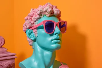 Foto op Plexiglas Ancient head sculpture wearing summer sunglasses. Generative ai © ink drop