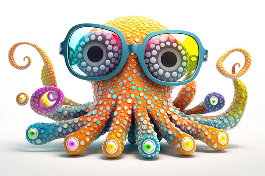 Cartoon colorful octopus with sunglasses on isolated background. Created with generative ai