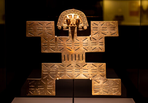 Bogota, Colombia, February 06 2023 : Pre-columbian gold artifacts on display in the museo del oro. The museum of gold is located in Bogot&aacute;, Colombia.