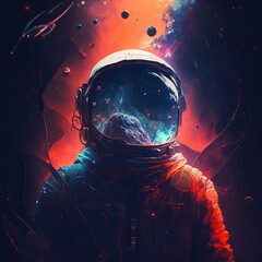 Spaceman portrait in spacesuit on red background. Fantasy astronaut for National Space Day. Generative AI
- 609126460