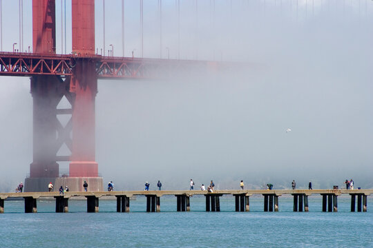 Fisherman on a cement pier with a fog shrouded golden gate bridge in the background.