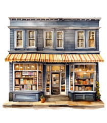 Watercolor bookstore, house town illustration, Generative AI, png image.