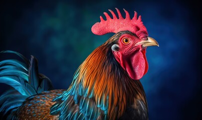 Fototapeta premium a rooster with a red comb and blue feathers on a dark background. generative ai