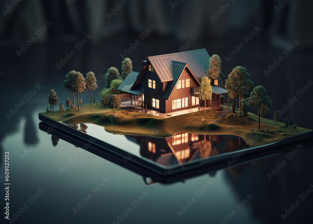 Poster a tablet computer with a small house on top of it. generative ai image.