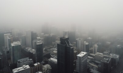  a foggy cityscape with tall buildings and skyscrapers.  generative ai