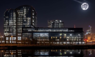 Fototapeta premium a full moon shines over a city at night with a reflection in the water. generative ai