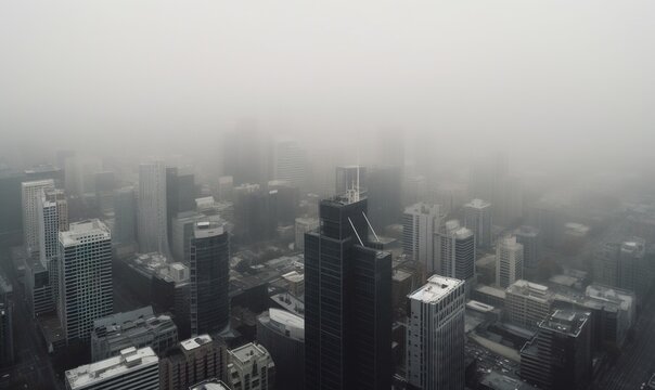  a foggy cityscape with tall buildings and skyscrapers.  generative ai