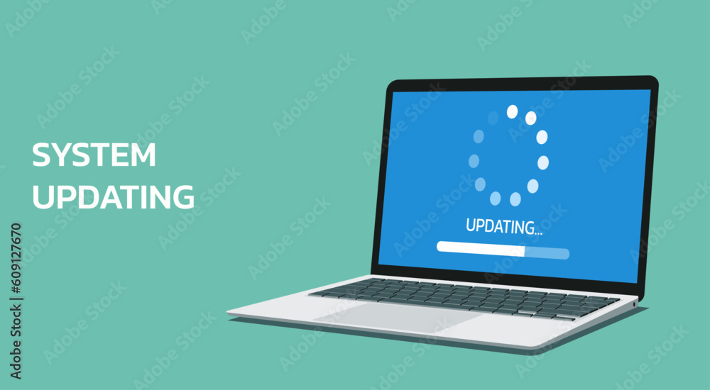 Poster laptop with computer software system update and development concept, vector flat illustration