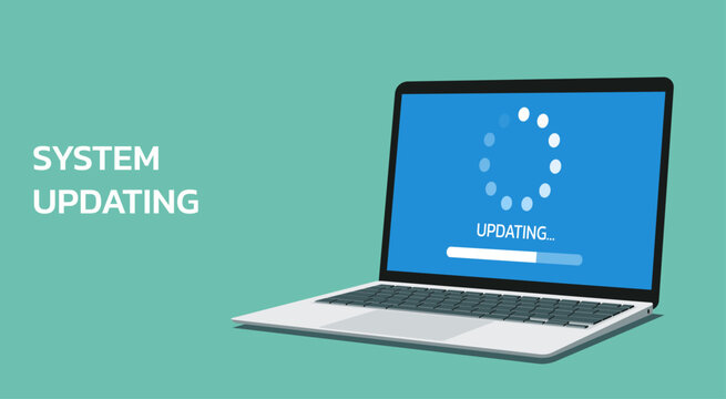 laptop with computer software system update and development concept, vector flat illustration