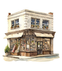 Watercolor bookstore, house town illustration, Generative AI, png image.