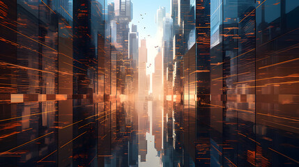 A digital cityscape with towering skyscrapers made of glass and light created with Generative AI technology